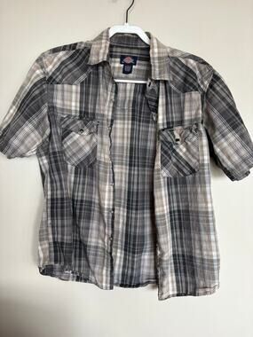 Dickies Plaid Snap Button Western Work Shirt Men’s L Gray Tan Short Sleeve Y2K
